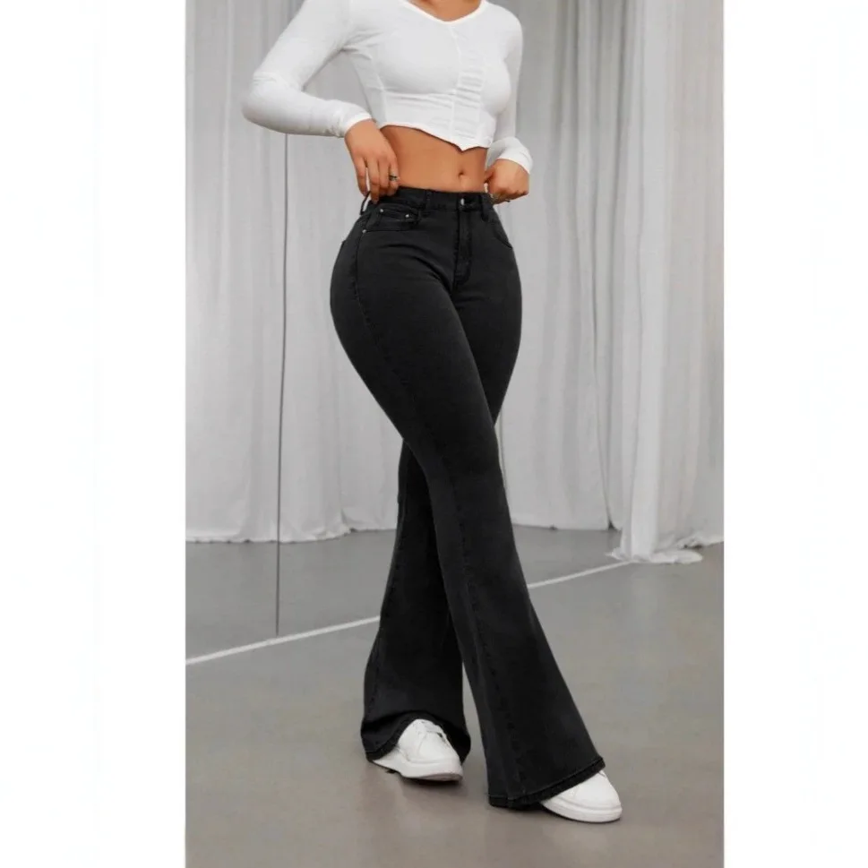 Black High Waist Cotton Stretchy Jeans Women's Micro Flared Pants Commute Style Autumn Fashion OZONWB Youth Polyester Blend