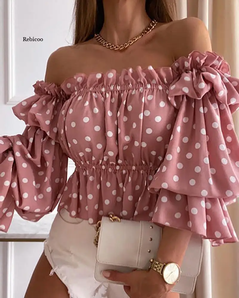

Summer Women Polka Dot Print Off Shoulder Shirred Top Elegant Femme Puff Sleeve Corset Blouse Lady Outfits