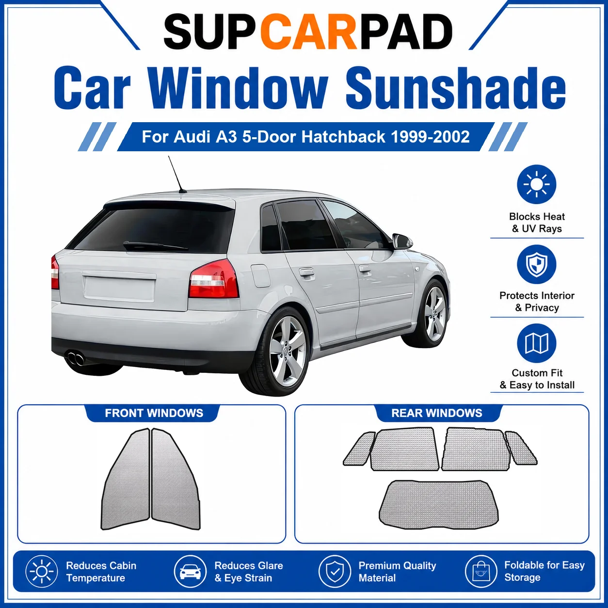 For Audi - Audi A3 5-Door Hatchback 1999-2002 Full Set Car Window Sunshades UV Block Privacy Heat Insulated Foldable Car Curtain