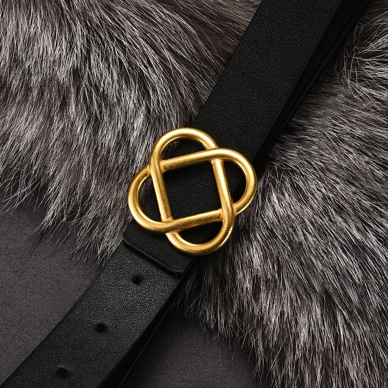 Genuine Leather Belt for Women Flower Shaped Buckle Decorative Belts for Dress Sweater Coat Suit Jeans