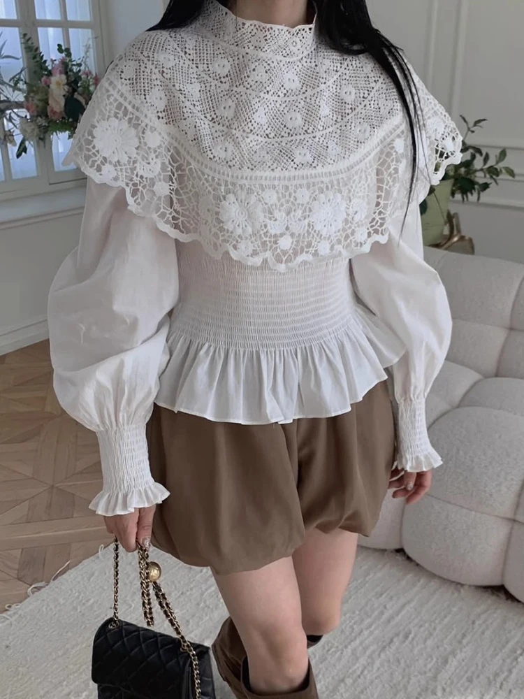 

Clothland Women Sweet Lace Blouse Stand Collar Ruffles Long Sleeve White Black Shirt Female Retro Fashion Tops Mujer LB302