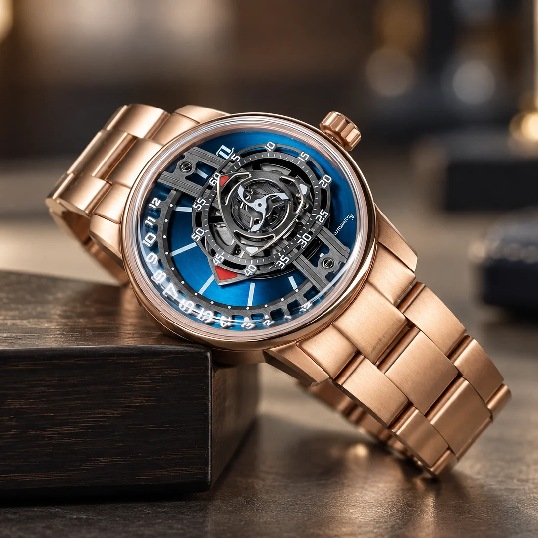 OBLVLO JM Rotor Rose Gold 42mm Automatic Watch Unique Skeleton Rotary Engine Blue Dial Miyota 8215 Jump Hour Movement