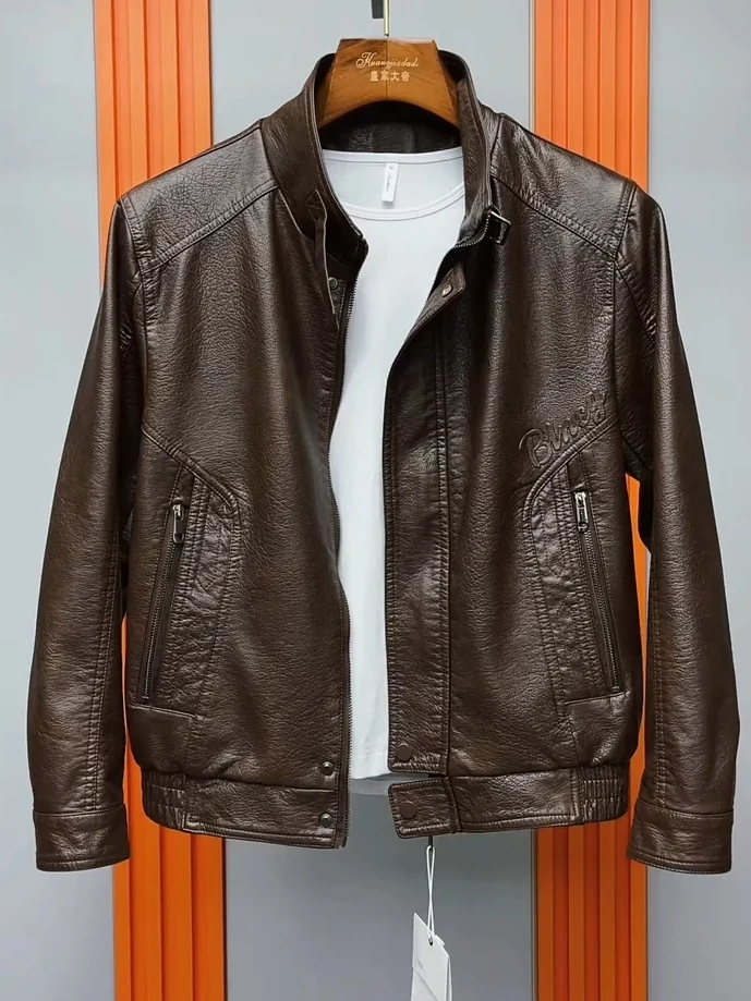 

Spring New Men's PU Leather Jaet Collared Outerwear Faionable Versatile High-End Sle Ele Youthful Stand Fit