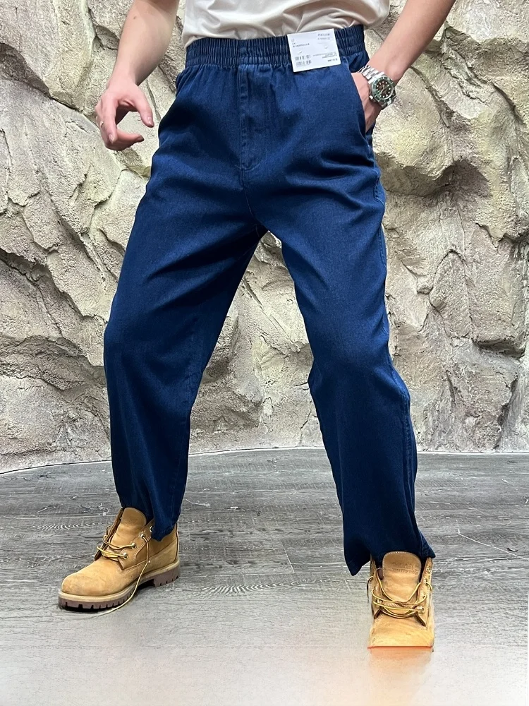 

Хлопковые мужские джинсы с эластичной резинкой на талии, прямые повседневные спортивные мужские джинсы, дышащие удобные осенние джинсы