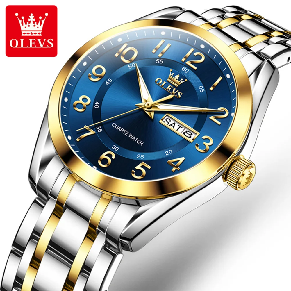 OLEVS 3666 ساعة رجالي ستانلس ستيل مقاوم للماء ساعة كوارتز رقمية وظيفة مضيئة العلامة التجارية الفاخرة ساعة رجالي