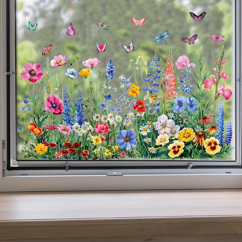 Decoraciones para el hogar, calcomanías de vinilo de libélula, flores, hierba, mariposas, pegatinas adhesivas estáticas en las paredes de las ventanas de vidrio para habitaciones y coches