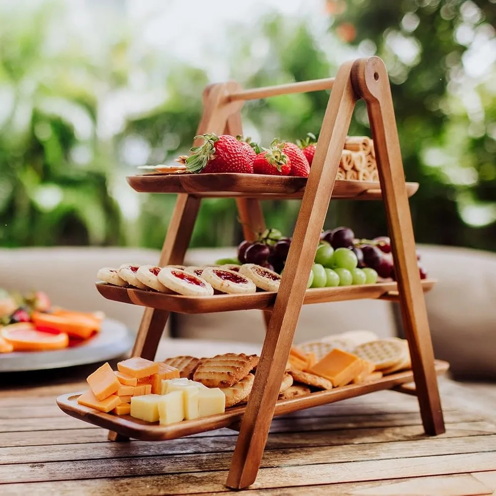 Présentoir rustique en bois à 3 niveaux avec 3 plateaux, support pliable en bois véritable pour fromage, collations, biscuits, desserts et présentation de nourriture.