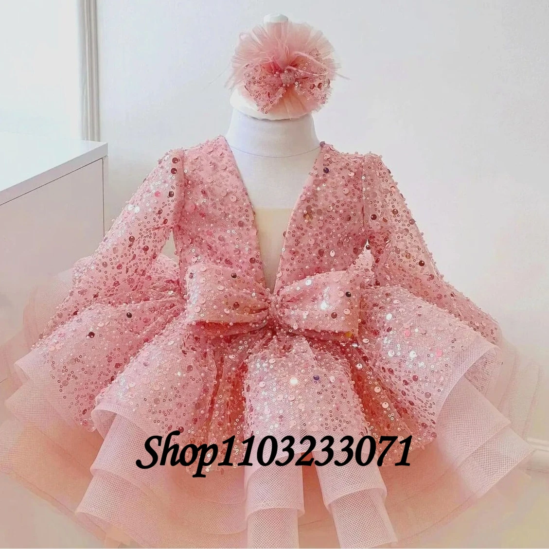 

Pink Flower Baby Girl Dress Sparkling Fluffy Tutu Puffy Short Girl Wedding Bridesmaid Birthday Party First Communion Ball Gown