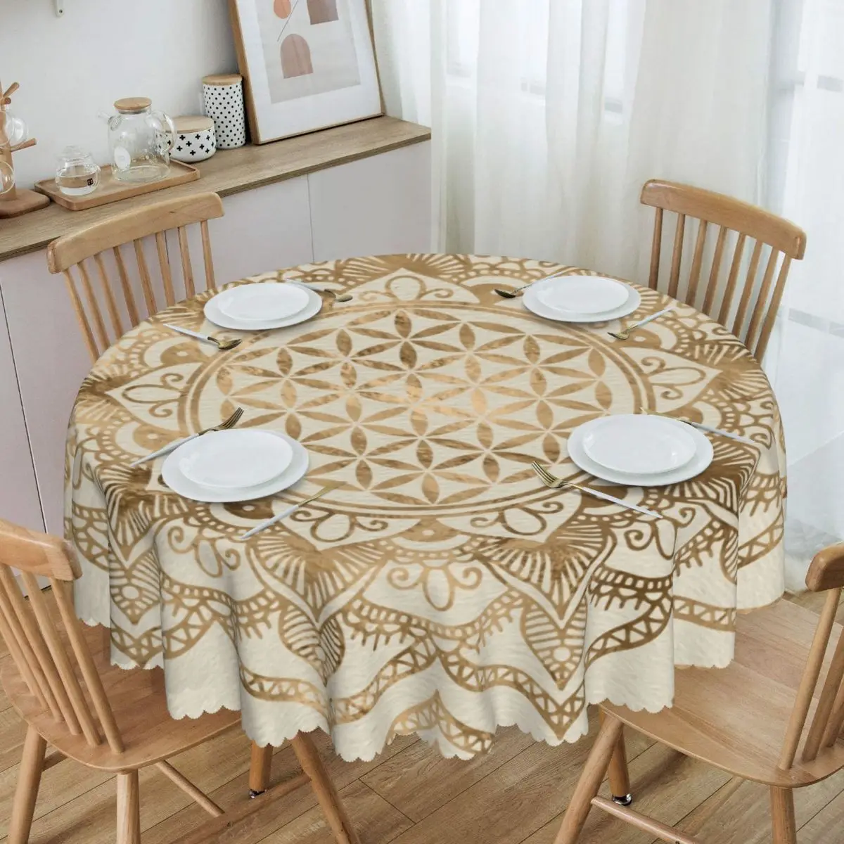 

Round Mandala Flower Of Life In Lotus Tablecloth Waterproof Oil-Proof Table Covers 60 inches Sacred Geometry Table Cloth