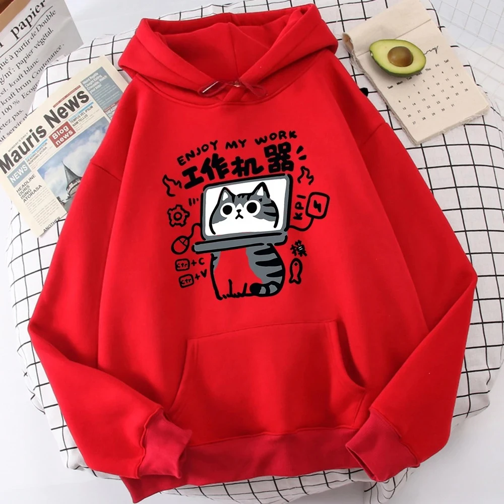 The Cartoon Cat Is An Abstract Working Machine Printed Women's Hoodie Kawaii Comfortable Casual Y2k Oversized Printed Clothes