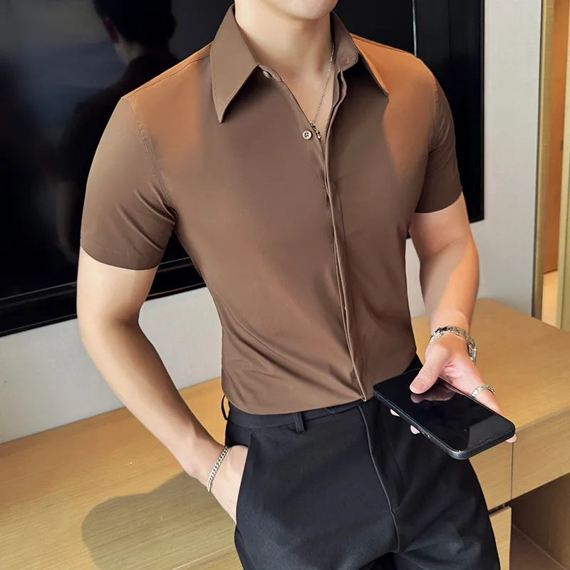 

2024 Summer Thin Short Sleeve Shirts for Men's Classic Solid Color Slim Fit Casual Lapel Shirt Business Social Men Clothing