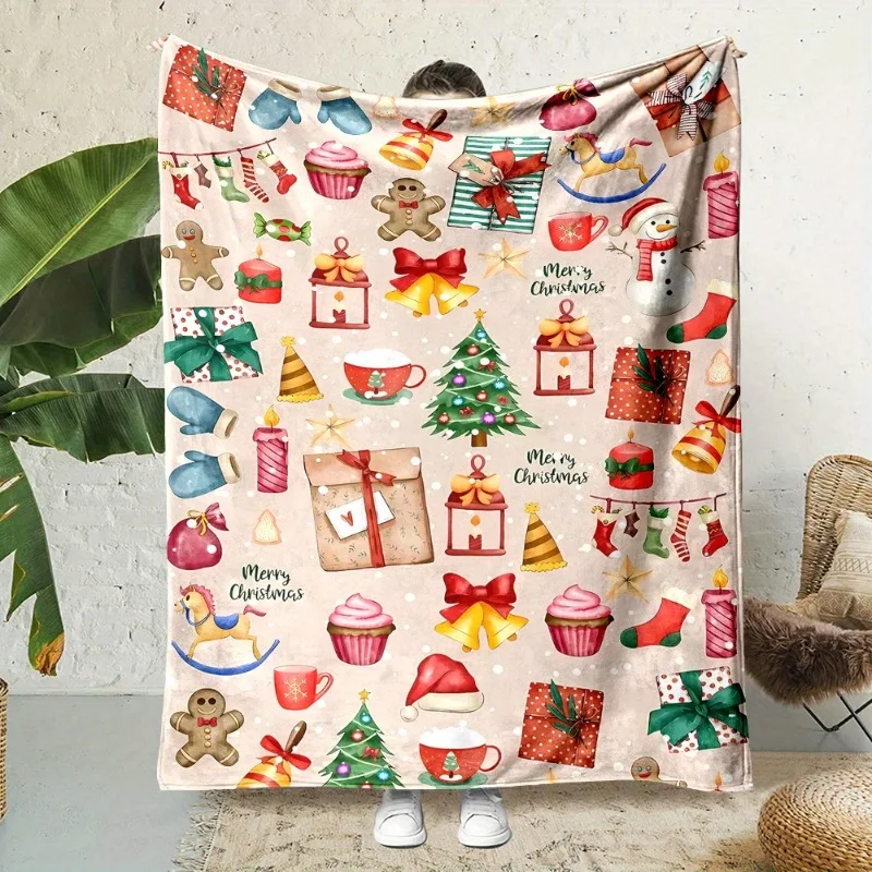 1 Stück wendbare Polyester-Überwurfdecke mit Cartoon-Weihnachtsbaum- und Glockenmuster im zeitgenössischen Stil
