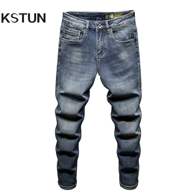 KSTUN Jeans For Men 2024 Trend Stretch Fashion Brand Casual Pants Men's Straight Jeans Blue Streetwear Male Denim Trousers Homme