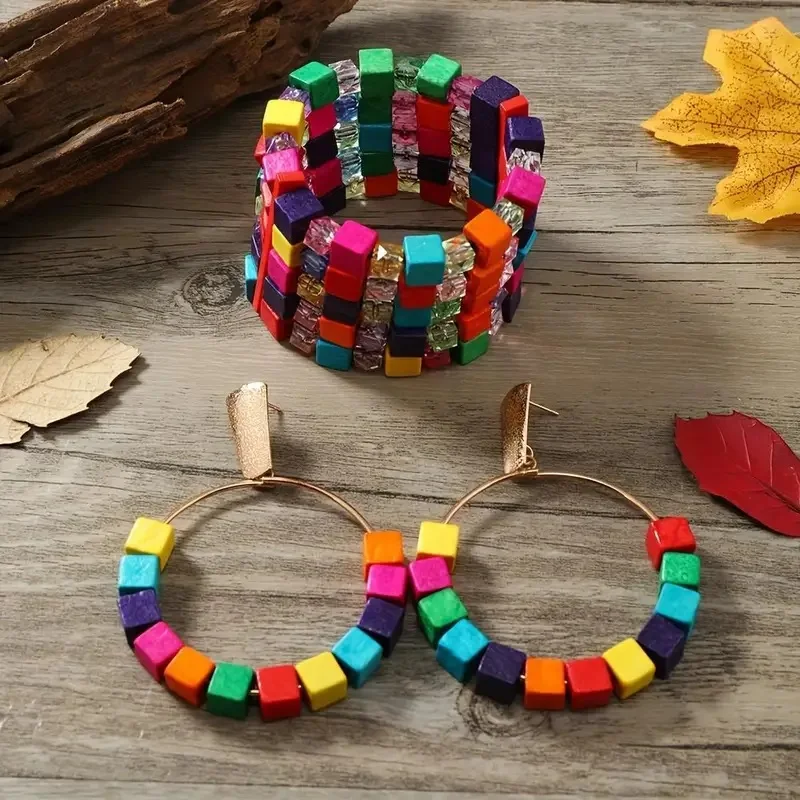 Boho Style Jewelry Set Made Of Wooden Cubic Beads Multi Colors Match Daily Outfits Party Accessory 1 Pairs Earrings + 1 Bracelet