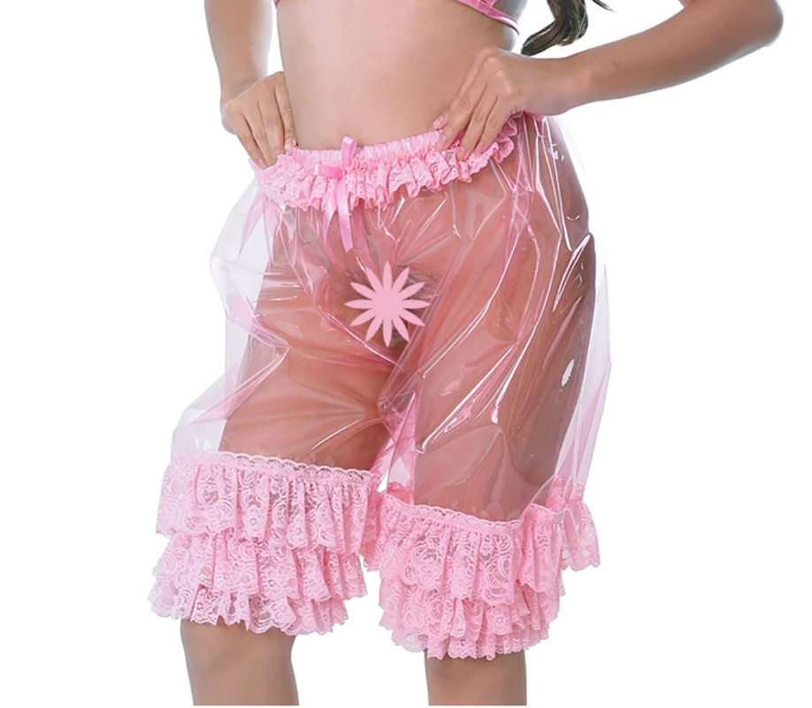 

White PVC Patchwork Pink Lace Elastic Waist Sexy Thin Transparent Mid Length Shorts
