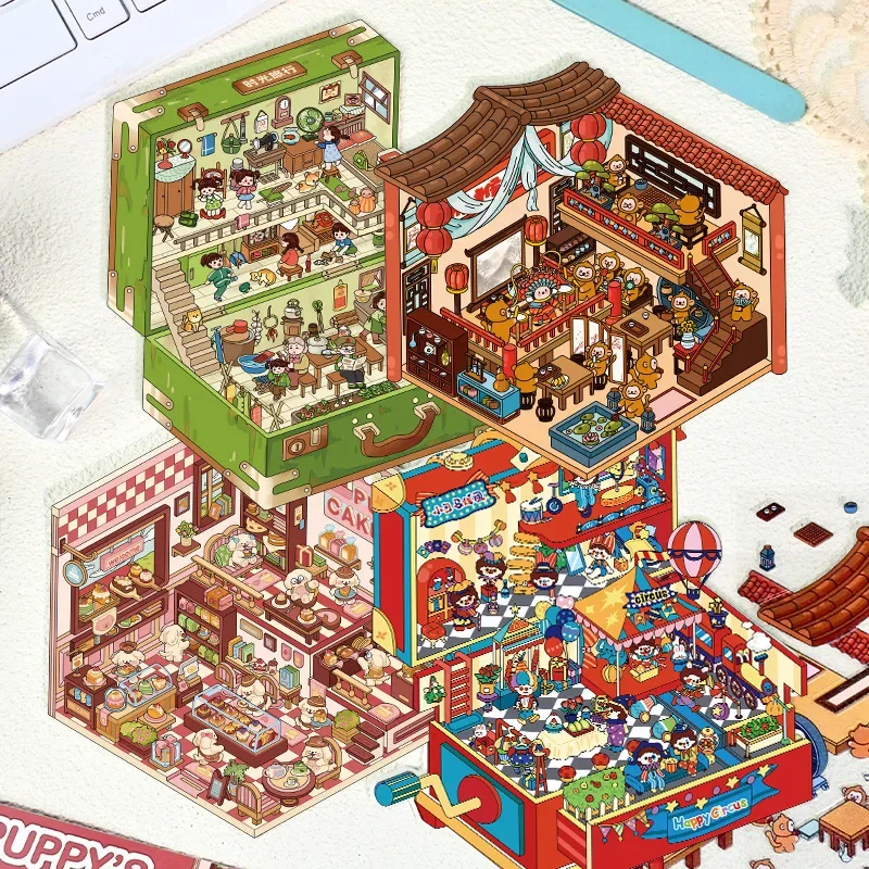 الأطفال الكبار مصغرة PET المناظر الطبيعية ملصقات ثلاثية الأبعاد المشهد البصري السيرك فرقة الكلب موكي الكرتون ملصق الإجهاد الإغاثة