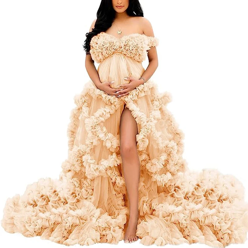 Ruffles Pregnancy Dresses Women Fluffy Tulle Maternity Dresses Wave Pregnant Woman Take A Picture Dresses Photography