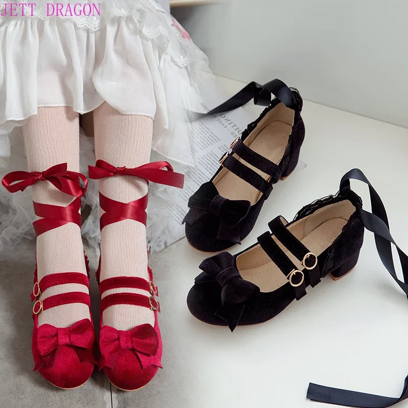 2024 Spring Autumn New Women Pumps Lolita Shoes Platform High Heels Red Lace Mary Jane Shoes Bow Block Heel Ladies Party Shoes