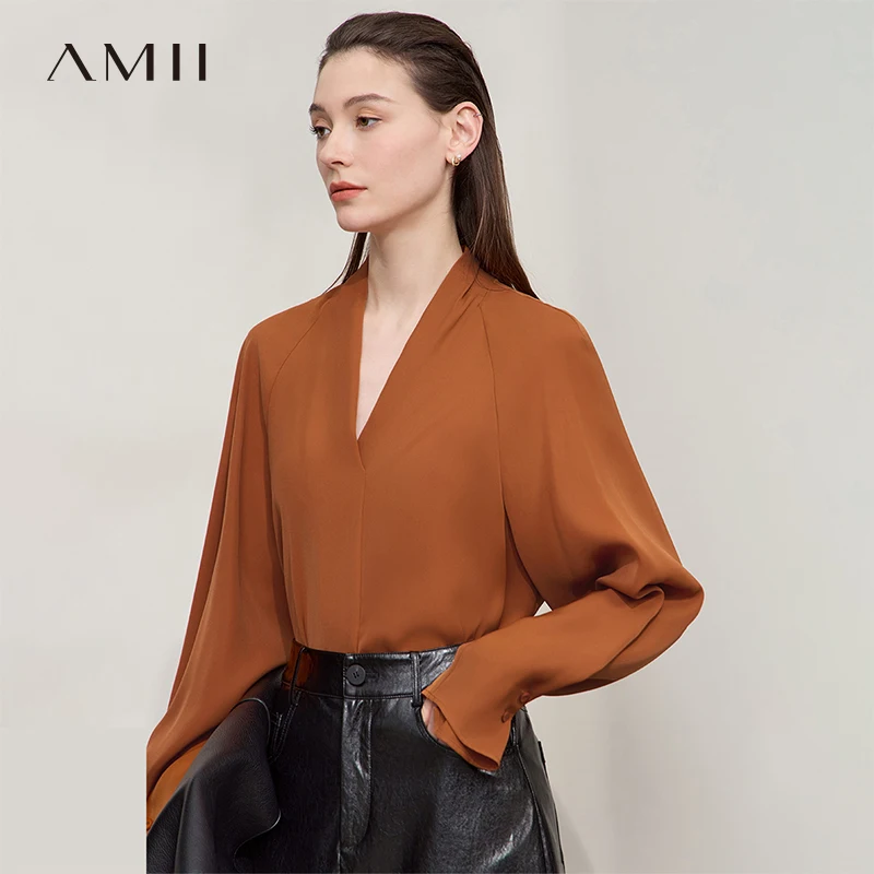 

AMII Women Blouse 2025 Autumn Ladies Tops and Blouses Elegant V-neck Loose Long Sleeves Shirts Versatile Woman Clothing 12543207