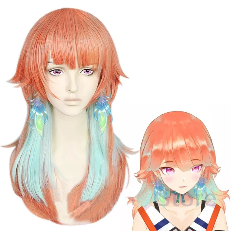 VTuber Takanashi Kiara парик Hololive EN Косплей кусодоры для девочек оранжевый смешанный мятно-зеленый длинные прямые синтетические волосы + шапочка для парика VTuber Takanashi Kiara парик Hololive EN Косплей кусодоры для девочек оранжевый смешанный мятно-зеленый длинные прямые синтетические волосы + шапочка для парика