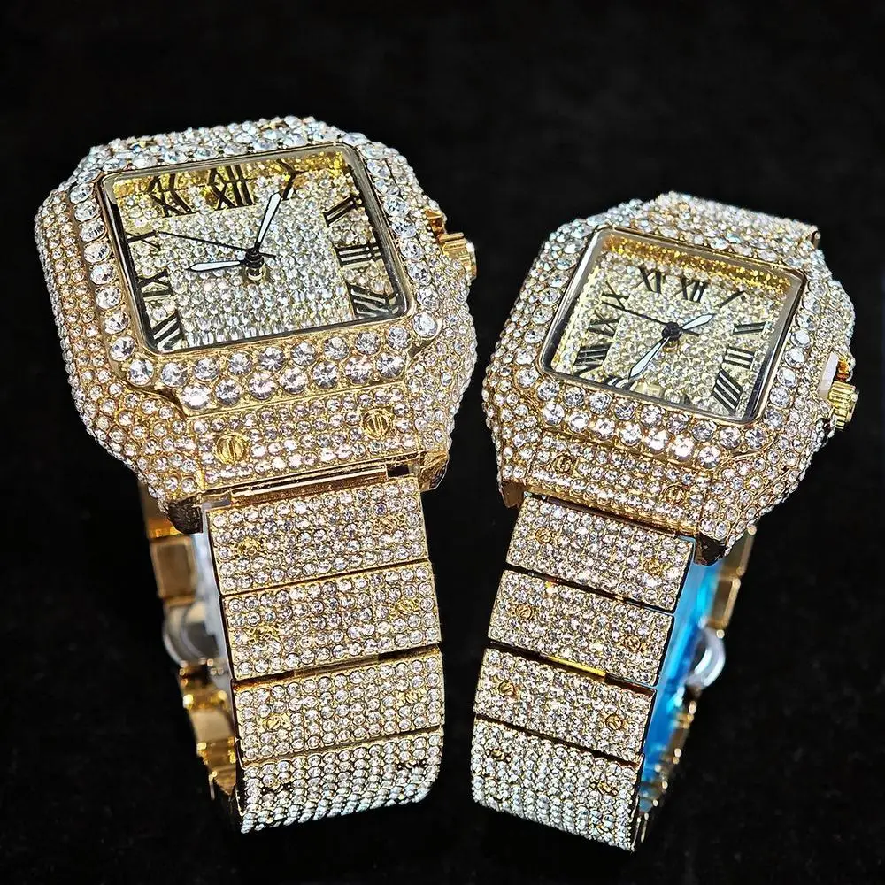 UNIGUET ساعة ثلج فاخرة للرجال والنساء موضة الهيب هوب كامل الماس مربع زوجين ساعة اليد هدية 2026 Hor Sale