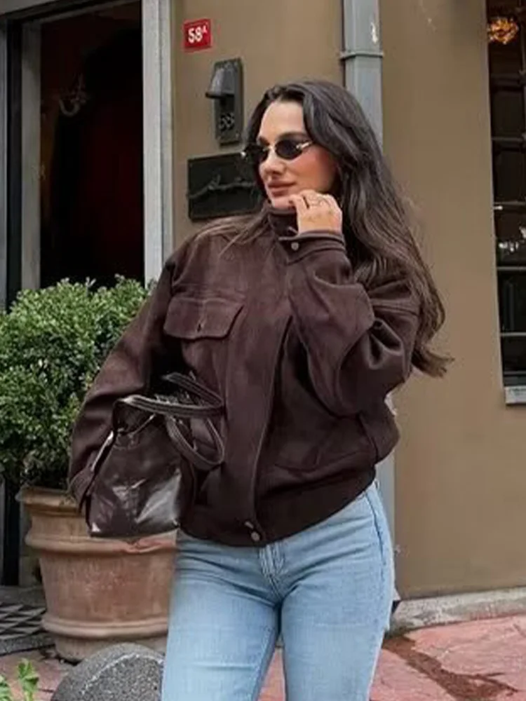 

HH Women's Fashion Versatile Single-breasted Lapel Collar Long Sleeve Coat Female Zipper Solid Pocket Decorative Pilot Jacket