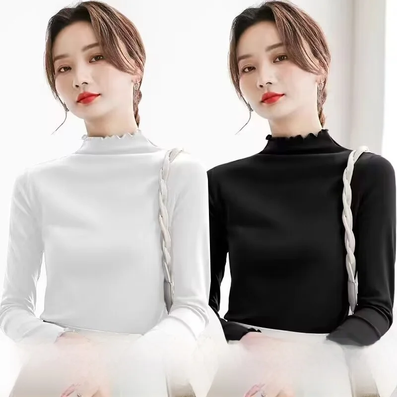 Thiened على الوجهين المخملية طويلة Sve المرأة قاعدة irt لون نقي سليم صالح ربيع الخريف ملابس داخلية تنوعا تي شيرت