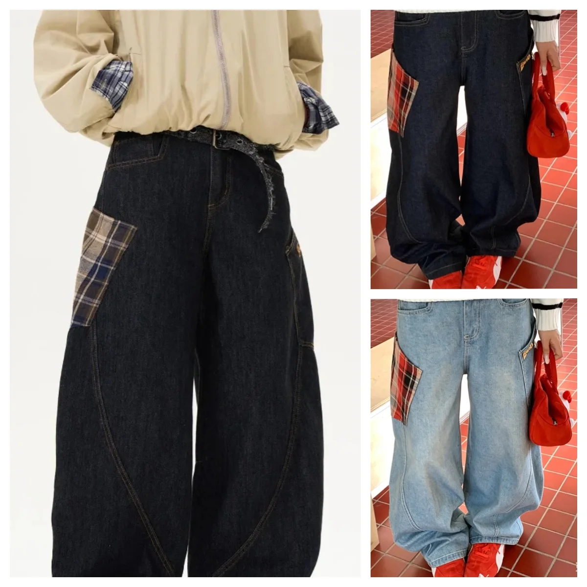 Retro Autumn Vintage Design Large Pockets Curved Knife Workwear for Men'S High Street Jeans Y2k Wide Leg Pant Scimitar Denim