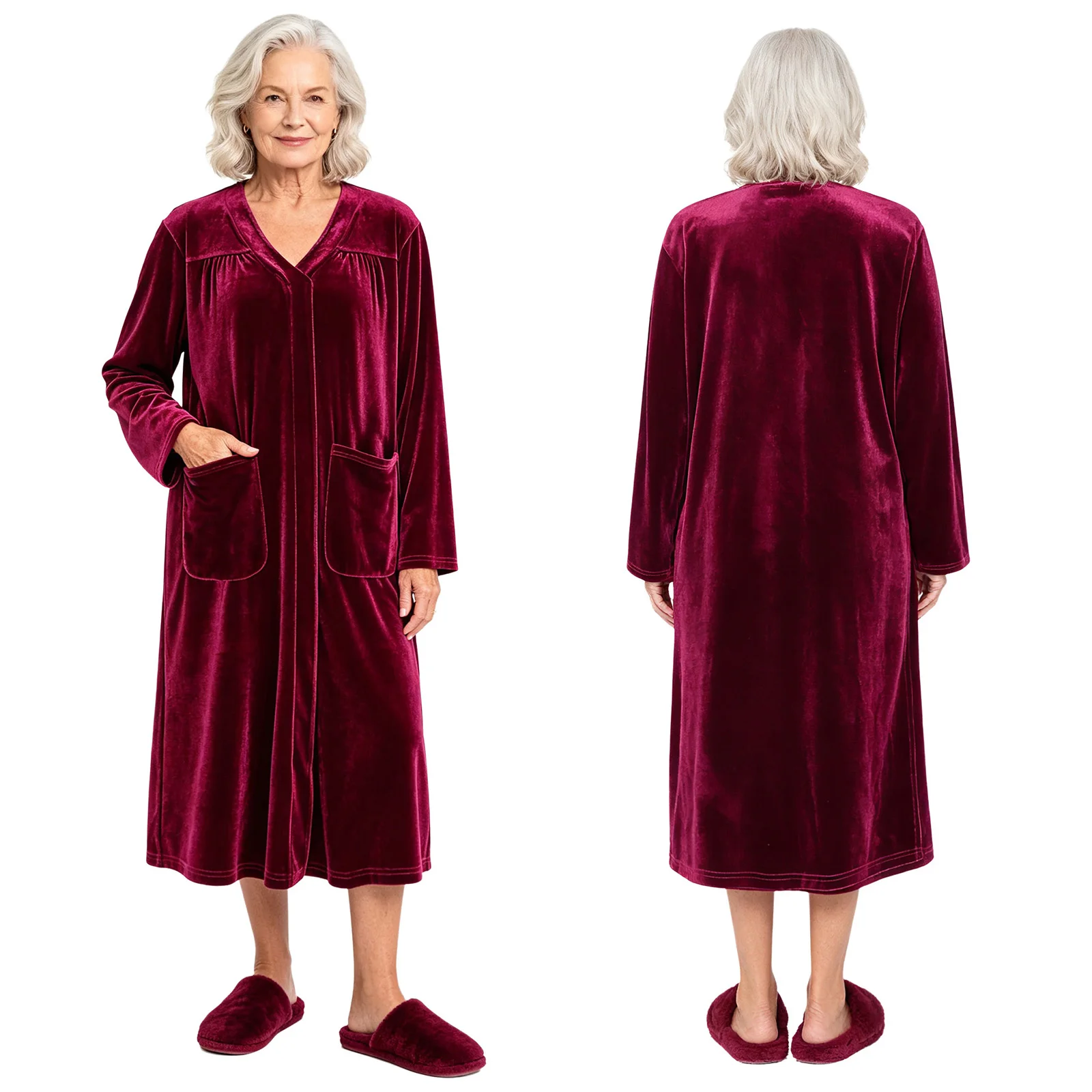Women Special Needs Adaptive Warm Velvet Robe Press Button Shoulder Open Back Nightgown Bathrobe with Pocket for elderly Nursing