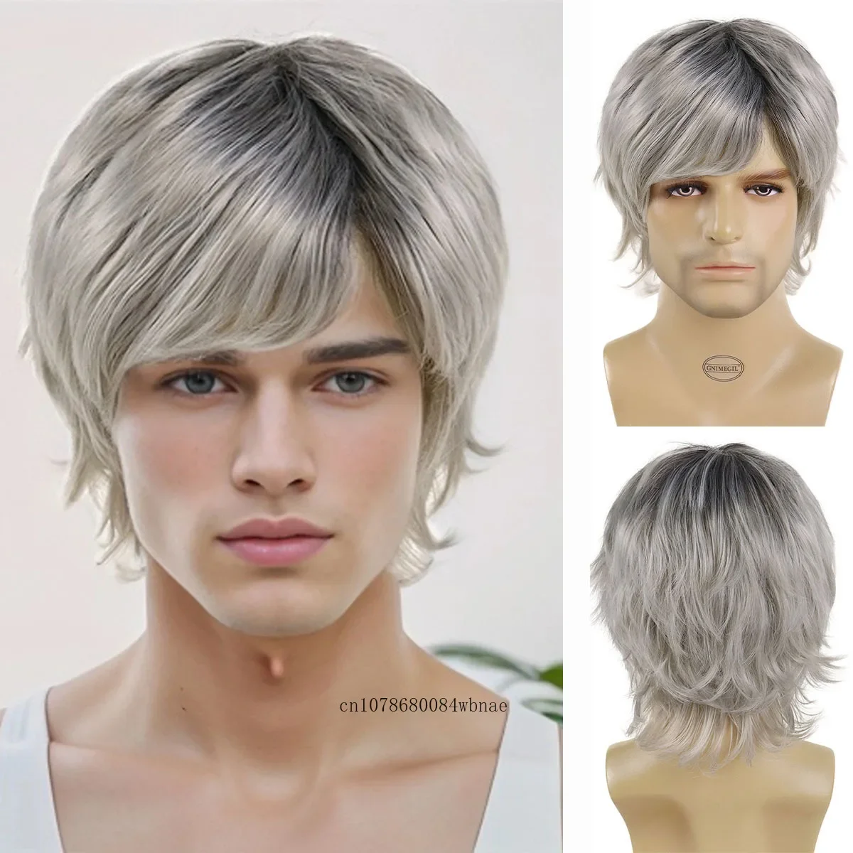 Old Men Short Grey Synthetic Wig for Grandpa Natural Curly Wigs with Bangs Heat Resistant Halloween Cosplay Anime Costume Party