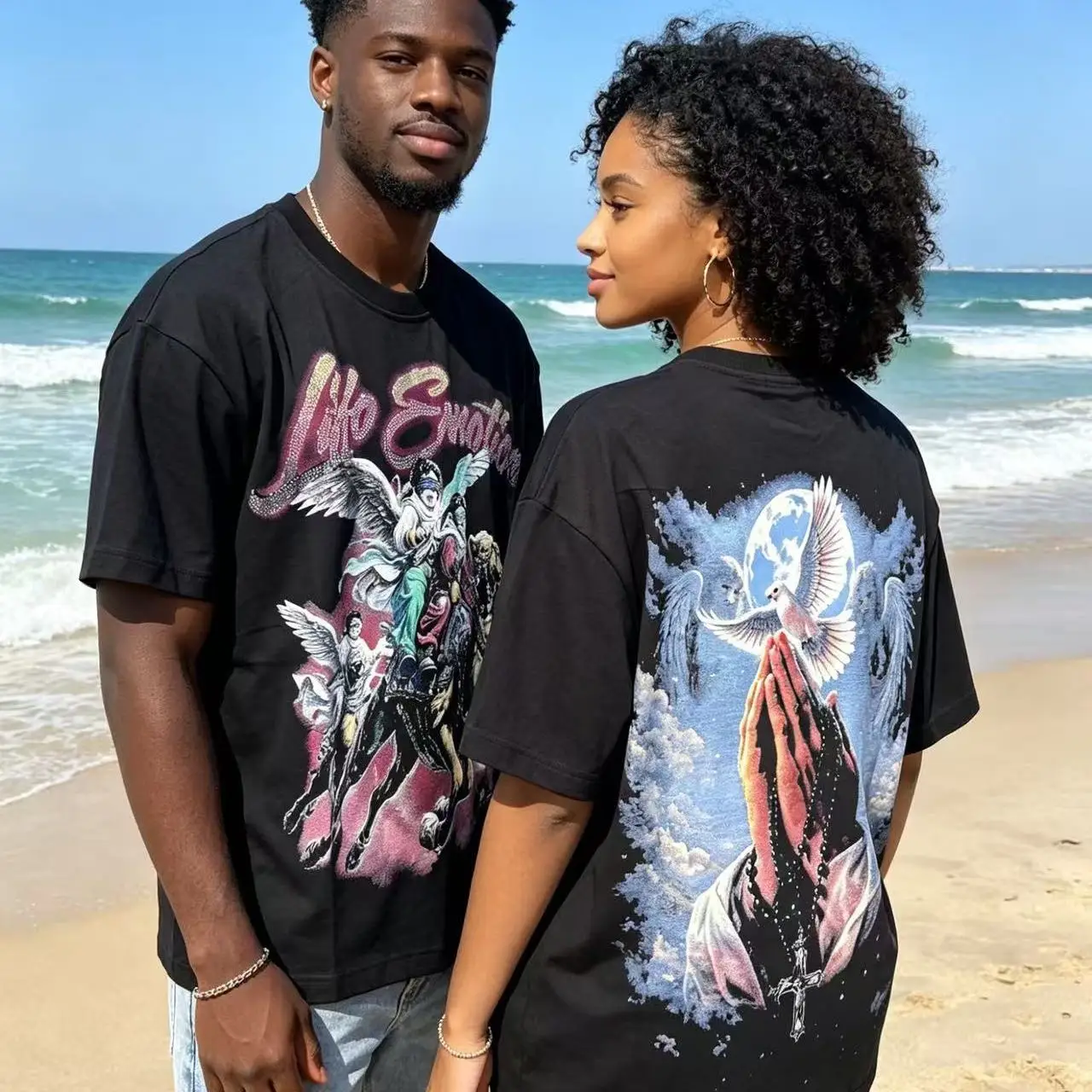 Retro Angel Print Cotton T-Shirt Loose Fit Short Sleeve Glittering Street Style Youthful Trendy Casual round Neck Top