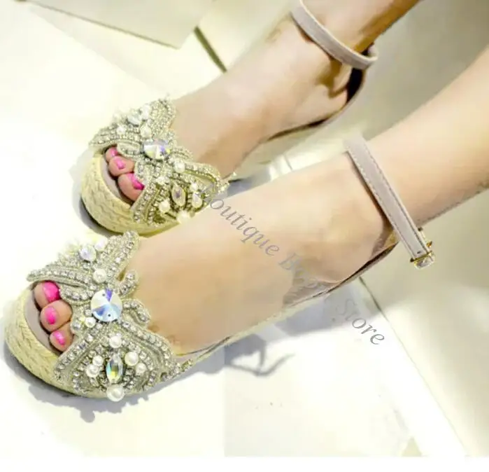 

Bling Full Rhinestone White Pearls Peep Toe Rope Braid Wedge Platform Sandals Women Ankle strap Vacation Crystal Shoes
