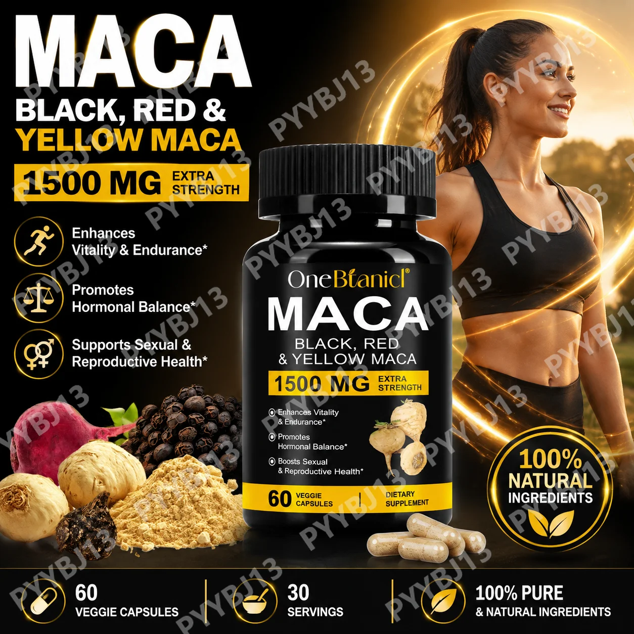 OneBtanic Maca Root Capsules 1500mg for Men, Black Red Yellow Raw Maca with Black Pepper Extract, Extra Strength Energy Vitality