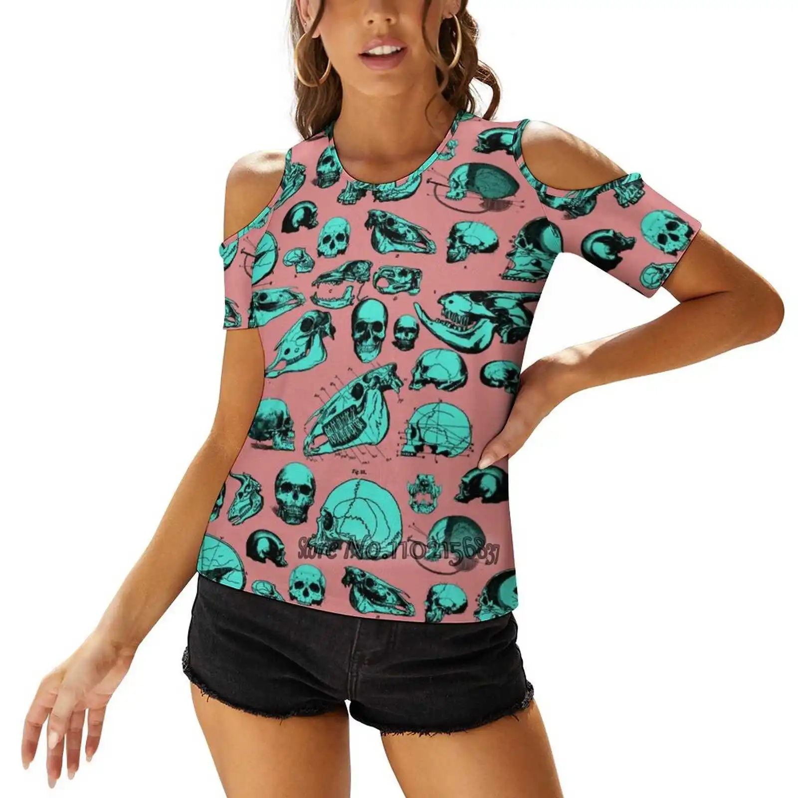 Skull Overload Pattern Woman's Casual Sexy T-Shirt One Shoulder Lacing T Shirts Elegant Beach Party Tops Pattern Skulls Vintage