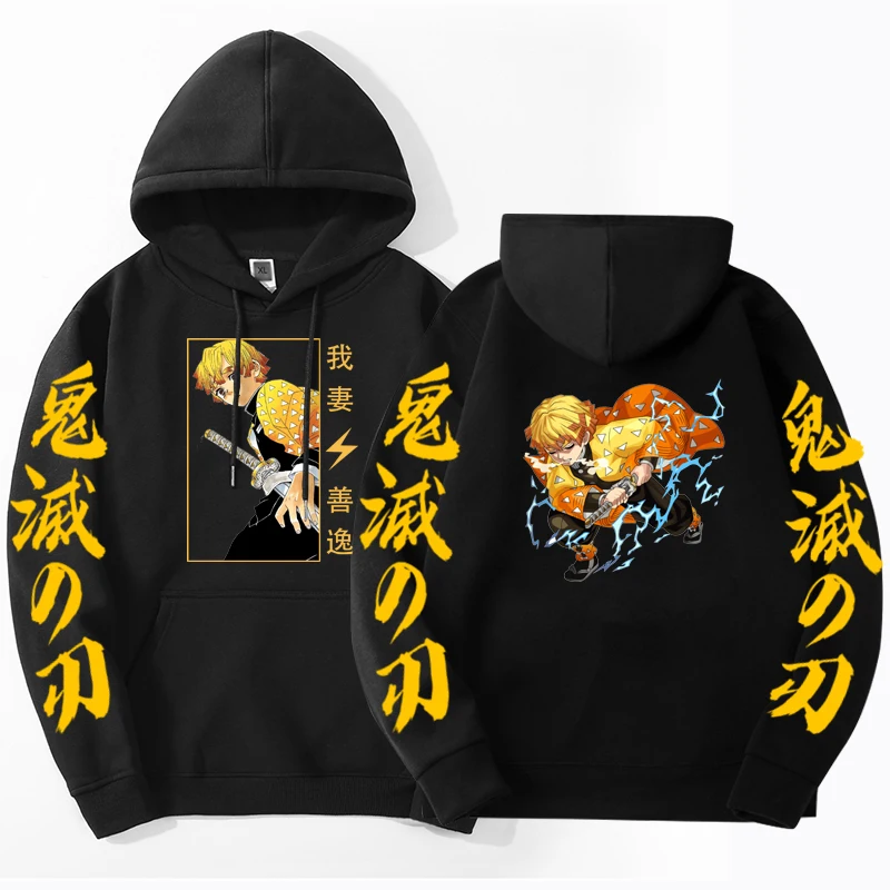 Men's Anime Demon Slayer Printed Hoodies Agatsuma Zenitsu Sweatshirt Harajuku Sleeve Loose Streetwear Casual Unisex Pullover