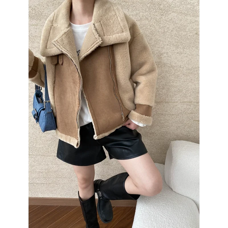 Fur Lapel Warm Padded Motorcycle Coat Women Loose Casual Basic Fashion Zipper Khaki Autumn Winter Long Sleeve Fake Fur Lady Coat