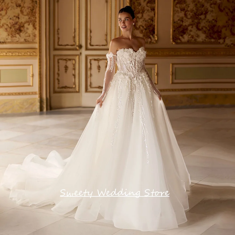 

Sparkling Wedding Dress for Woman Customized Sweetheart Long Sleeves Beading Sequined Flowers A Line Illusion Bridal Gown