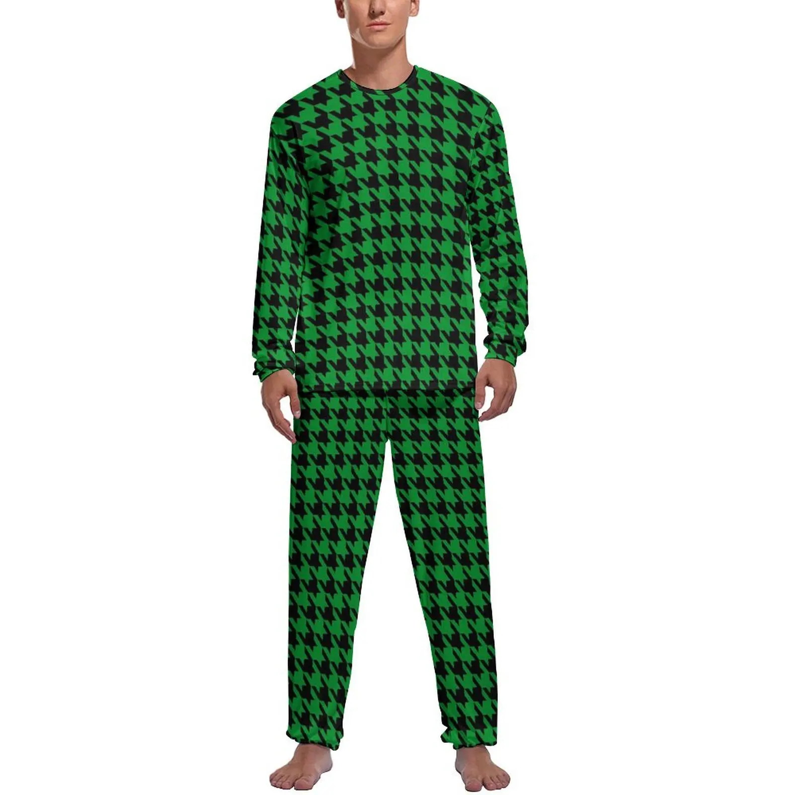 Retro Houndstooth Pajamas Daily Black And Green Casual Sleepwear Man 2 Piece Graphic Long-Sleeve Retro Pajamas Set