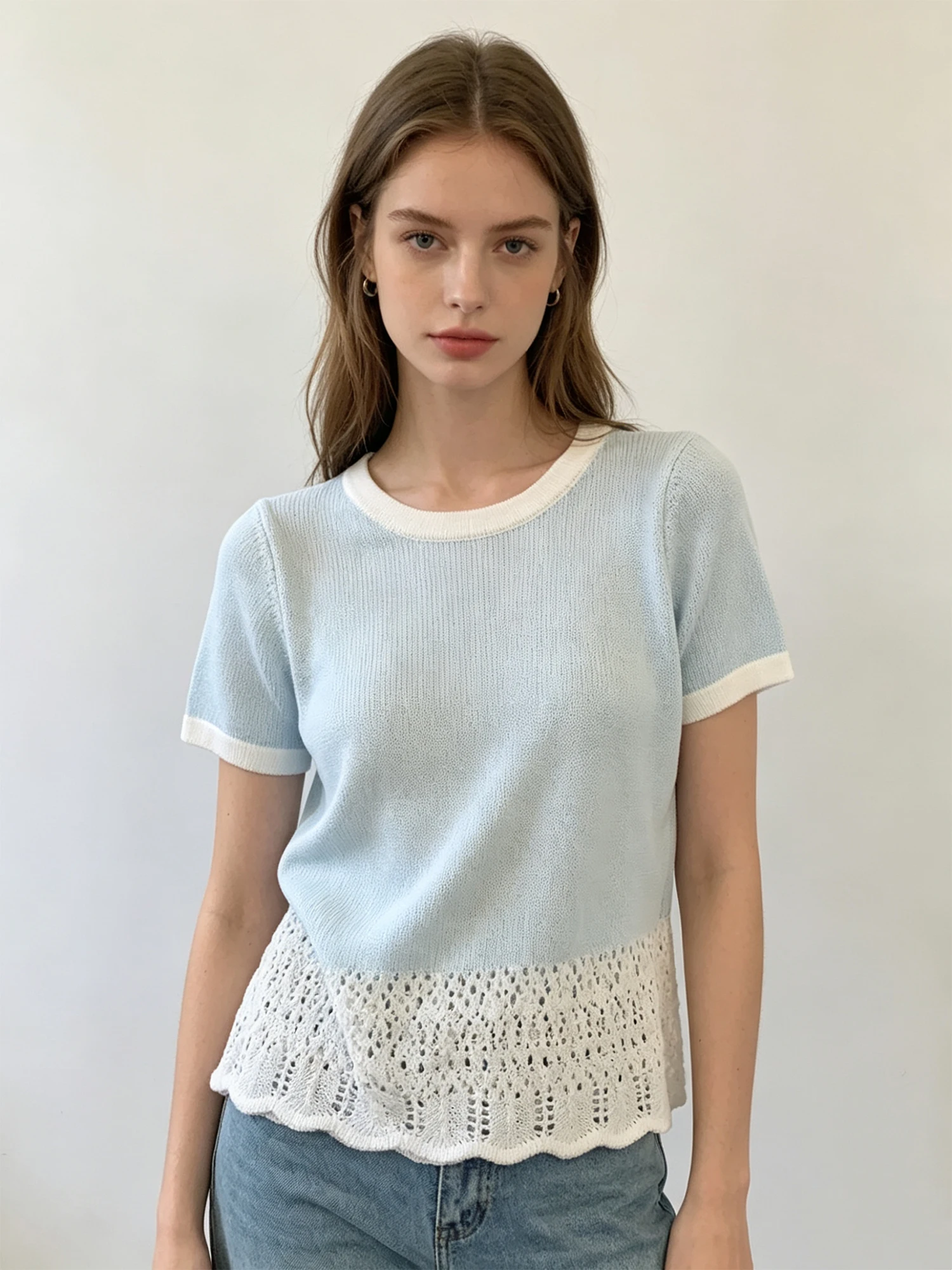 Women Blue Lace Patchwork Hollow Out Knit T-shirt Y2K Gyaru Aesthetic Korean Crew Neck Color Block Knit Tee Top for Women Summer