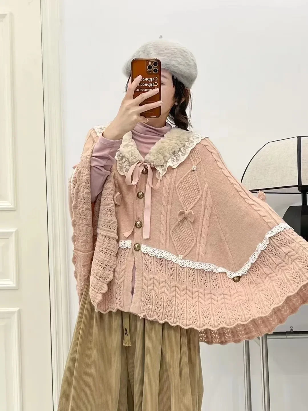 Vintage Lace Patchwork Cardigan for Women, Kawaii, Japanese Preppy Style, Girl JK Uniform,Sweater Coat,Cute Lolita,Kintted Cloak