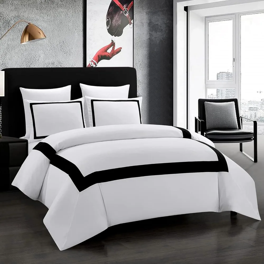 

OSVINO Hotel Duvet Cover Set Queen Size 3Pcs Microfiber Black Line Pattern Bedding Collection Ultra Soft Breathable Duvet Cover