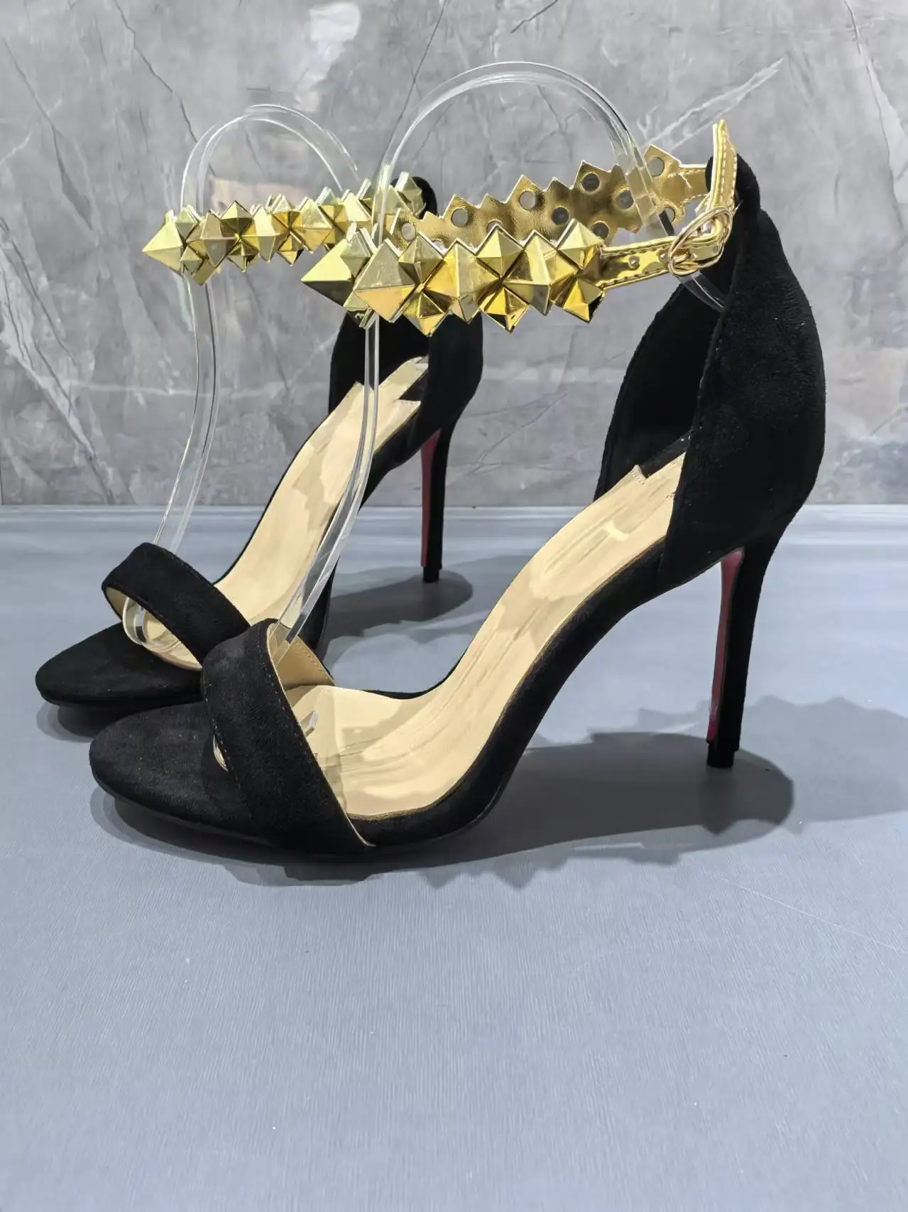 

Suede Party Fashion Sandals Gold Buckle Open-Toe High Heels Stiletto Formal Shoes for Women