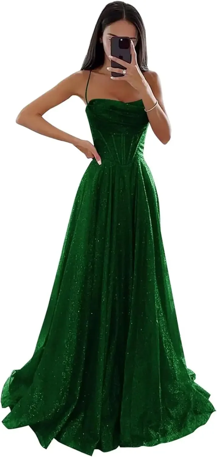 

Платье для выпускного вечера без рукавов на бретельках для женщин, длинное блестящее тюлевое вечернее платье с разрезом, торжественное платье, женское элегантное