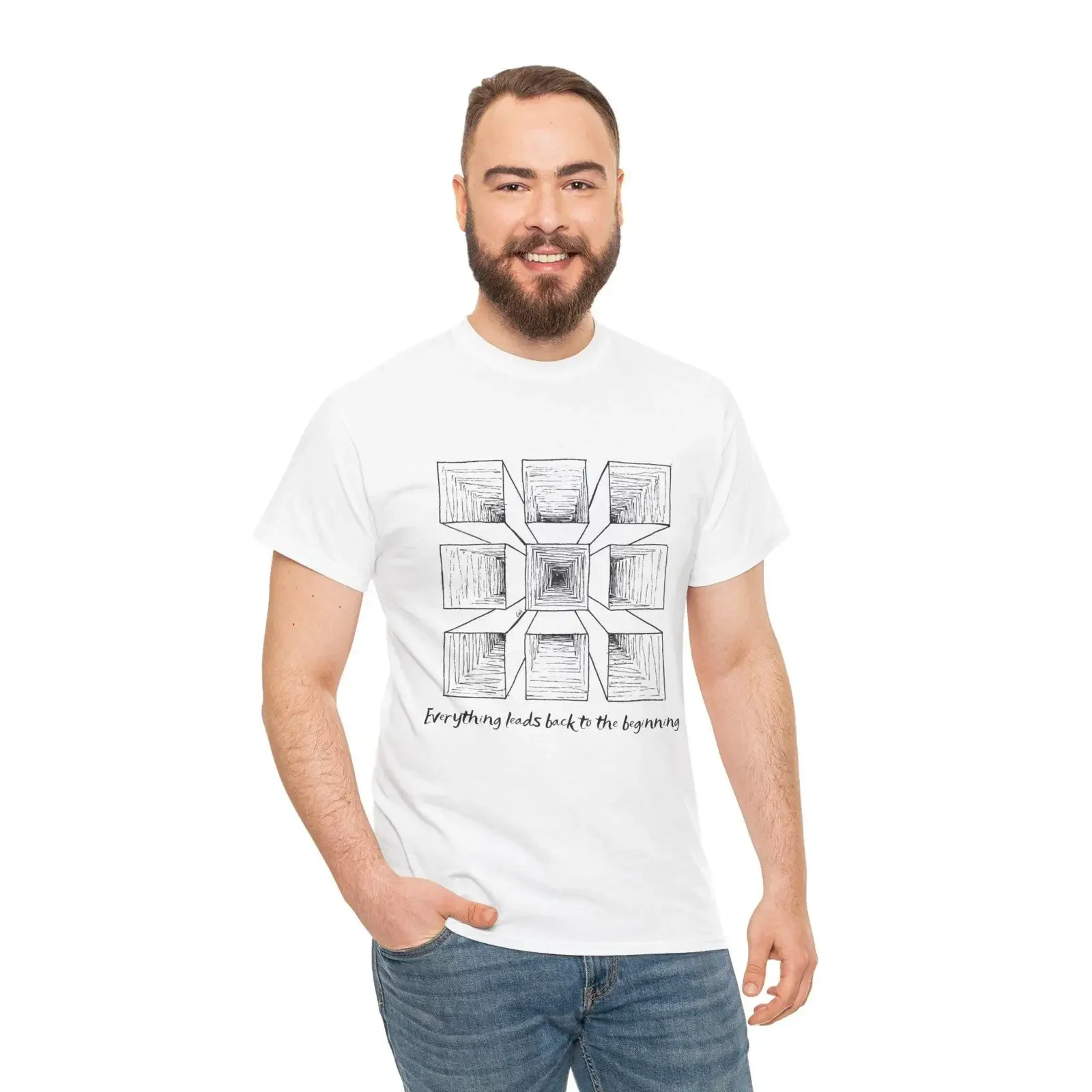 Handmade Geometric Optical Illusion T Shirt Everything Leads Back to The Beginning Abstract Square Art  vintage Washed