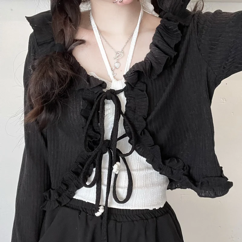 Flare Sleeve Cardigan Women Spring Hotsweet Lace-up Design Retro Street Wear Korean Style Ulzzang Trendy Casual Solid Popular