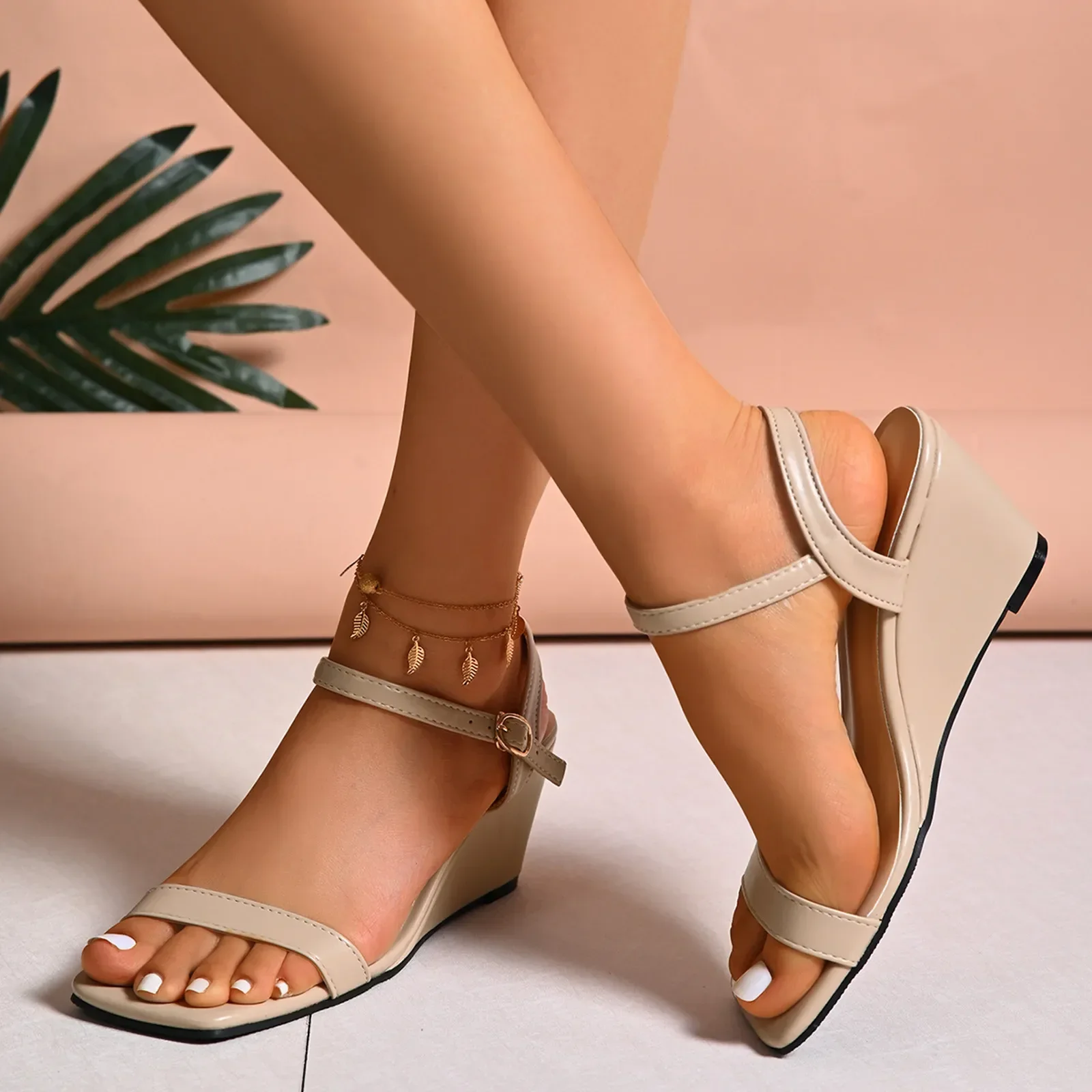 Sandalias cómodas de cuña para mujer, zapatos de moda, nuevo patrón, Simple, Color sólido, talla 11