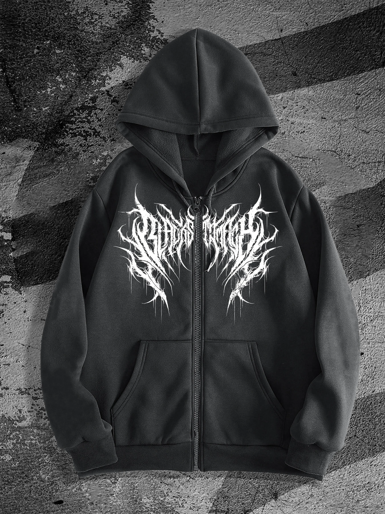Dark Symmetrical Double-Piece Spiky Burr Thorns Extreme Black Metal Font Print Full-Zip Hooded Cardigan Sweatshirt Men And Women