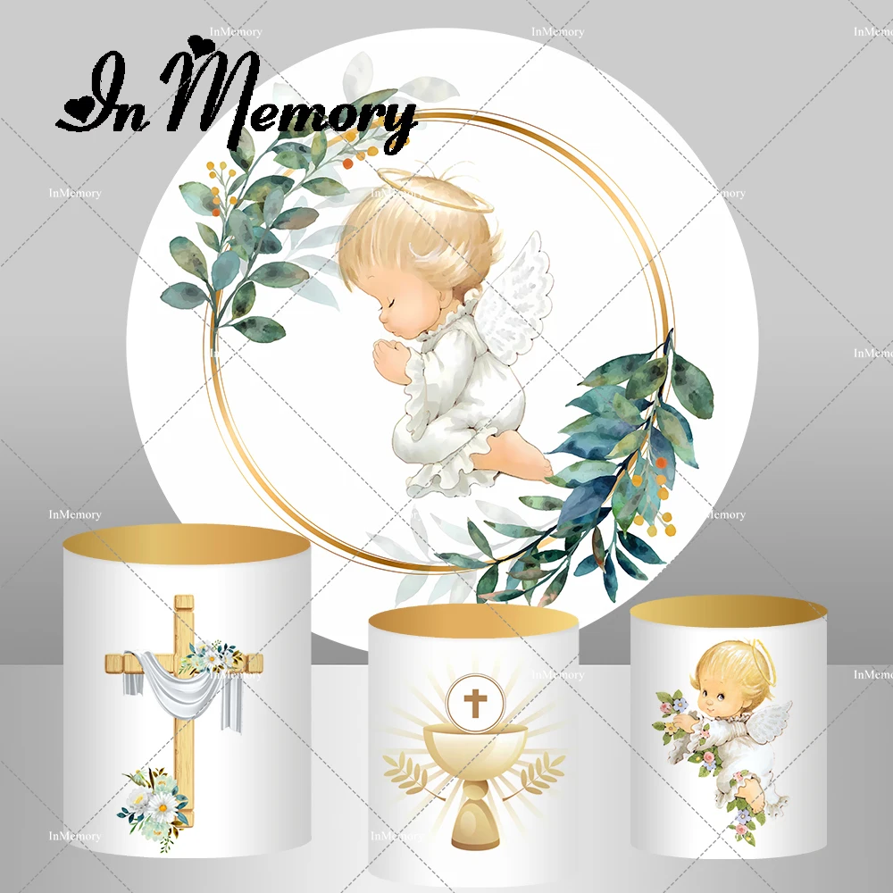 Kids Baptism Round Backdrop Cover Green Leaves Angel Baby God Bless Circle Background First Holy Comunion Cylinder Covers