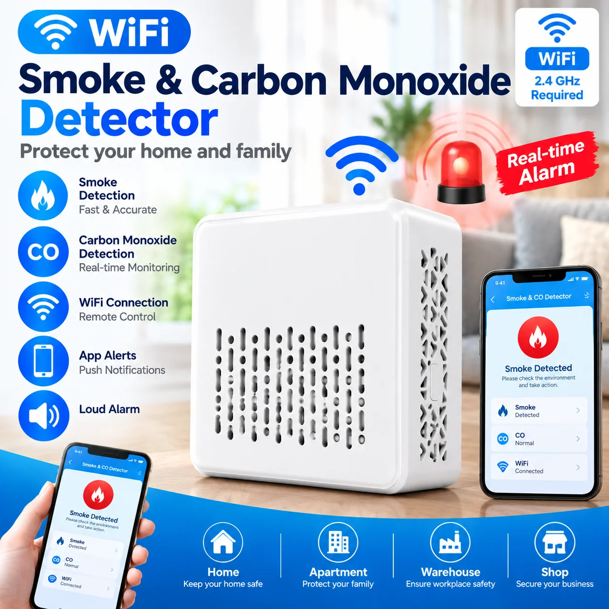 WiFi Smoke & Carbon Monoxide Detector 2 in 1 Smart Home Fire Alarm CO Sensor Wireless Security Alarm App Remote Alert