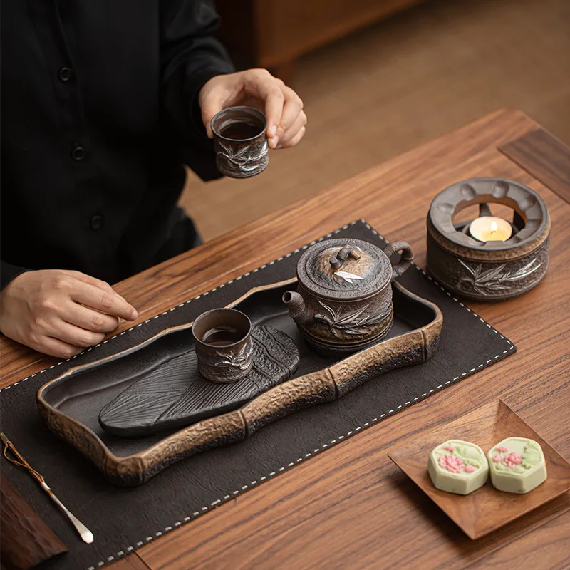 Zen Kiln Change Gold-Plated Tea Tray Household Small Rectangular Dry Brewing Table Water Storage Tea Table Serving Tray